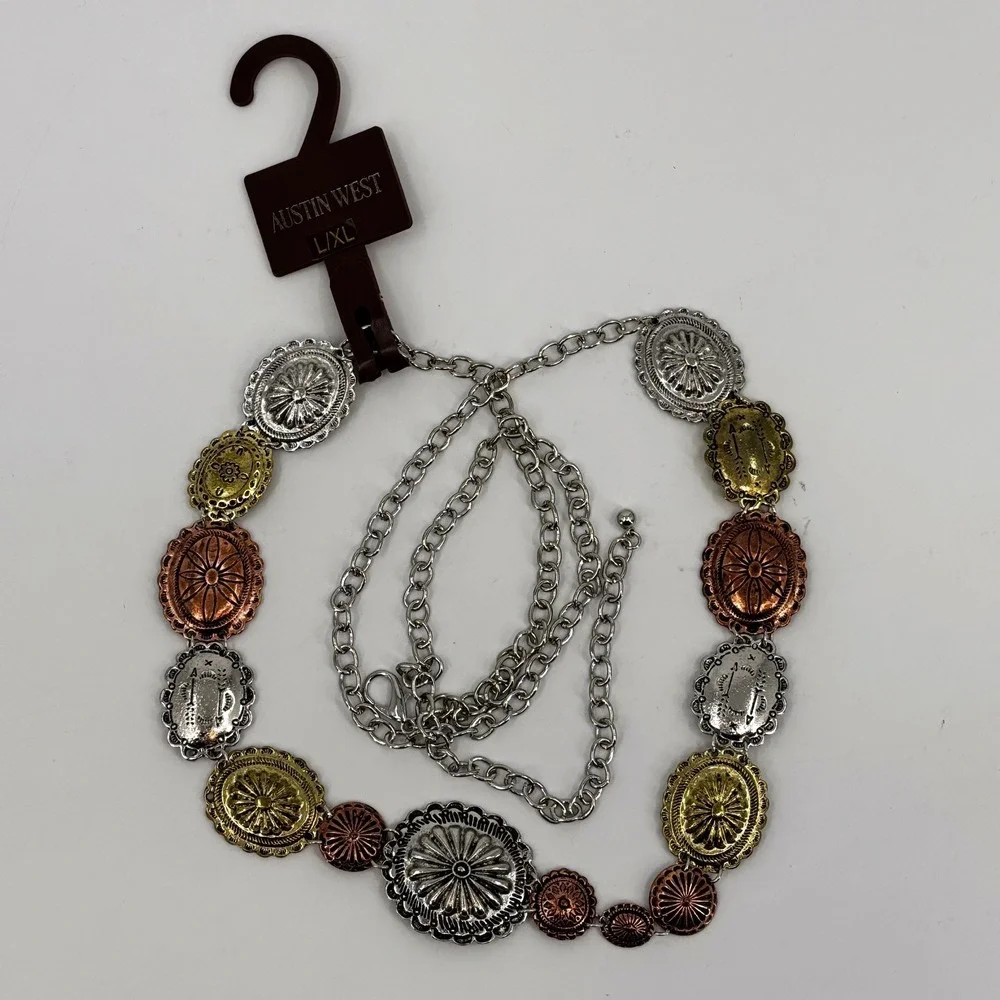 Austin West Concho Chain Belt Women L/XL Mixed Metal Western Boho Adjustable
